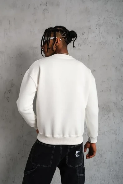 Erkek Modern Stil Beyaz Düz Bisiklet Yaka Sweat ürün görseli 1