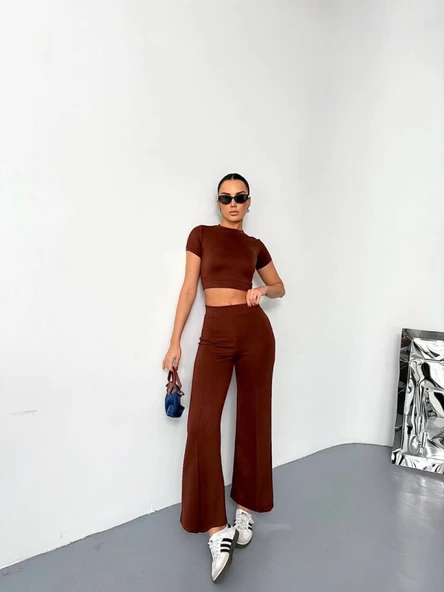 Yumuşak Dokulu Kadın Sıcak Tutan Kahverengi Osy Modal Kumaş Kısa Kollu Crop Alt Ispanyol Paça Pantalon İkili Takım ürün görseli 1