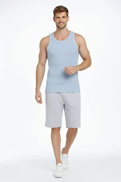 Arka Baskılı Erkek Fit Duruş Spor Fitilli Atlet 2'li Set Kahverengi Ve Bebek Mavisi Slim Fit Kaşkorse Spor Atlet ürün görseli 1