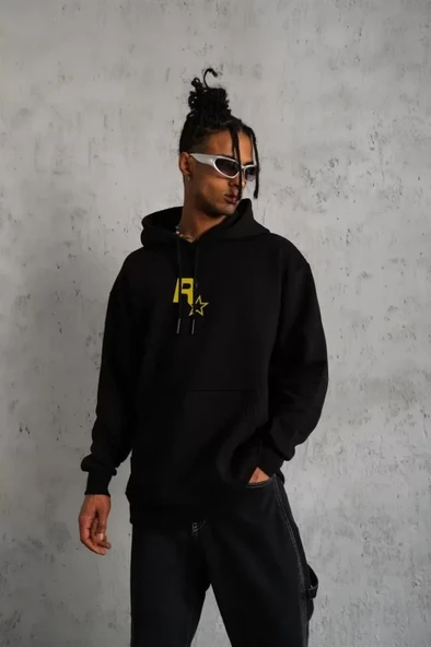 Baskılı Kadın Günlük Stil Siyah Eskiz Çizim Kapüşonlu Sweatshirt ürün görseli 1