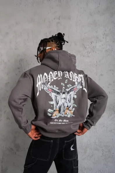 Baskılı Erkek Günlük Stil Füme Kordon İpli Kapüşonlu Sweatshirt ürün görseli 1