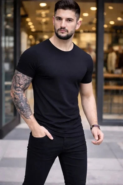 Erkek Fit Duruş 3'lü Bisiklet Yaka – Kısa Kollu Yazlık Slim Fit Body - Siyah, Kırmızı, Açık Mavi Tişört ürün görseli 1
