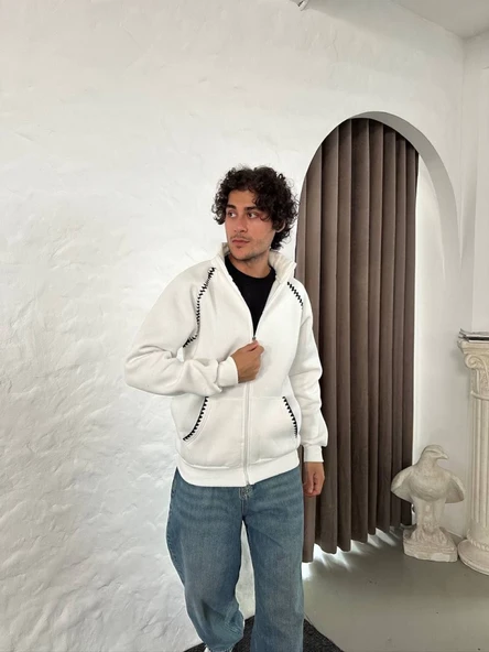 Erkek Salaş Stil Beyaz Oversize Dik Yaka Fermuarlı - Zincir Nakışli Kanguru Cepli Sweatshirt ürün görseli 1