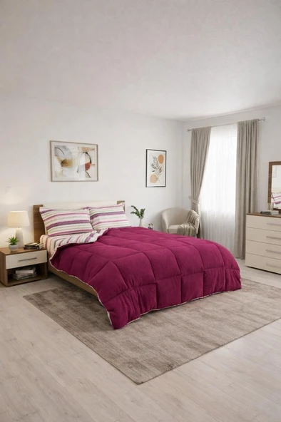 Sherpa Peluş Çift Kişilik Lastikli Çarşaflı Comforter Set Mürdüm ürün görseli 1