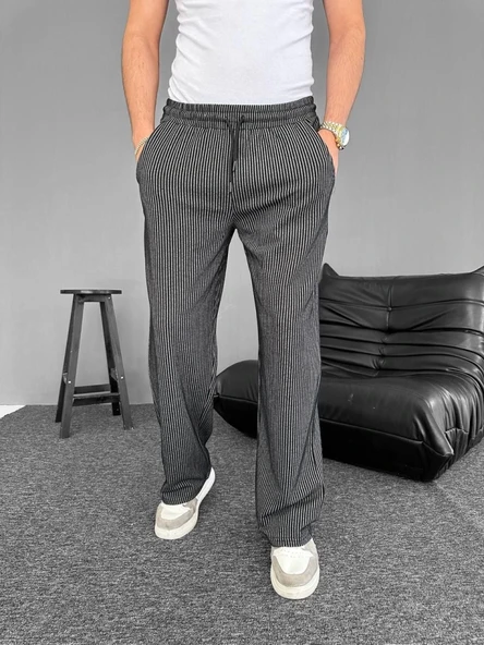 Kadın Modern Stil Siyah Su Yolu Çizgili Cepli Pantalon ürün görseli 1