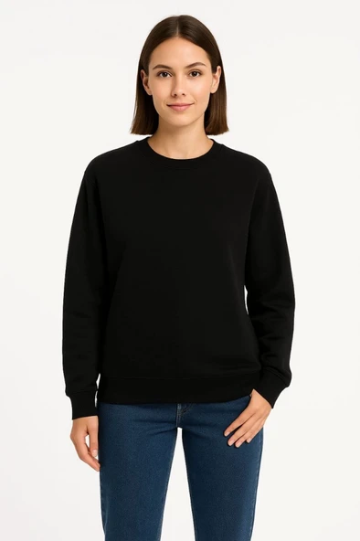 Kadın Günlük Stil Siyah Üç İplik Düz Bisiklet Yaka Sweatshirt ürün görseli 1