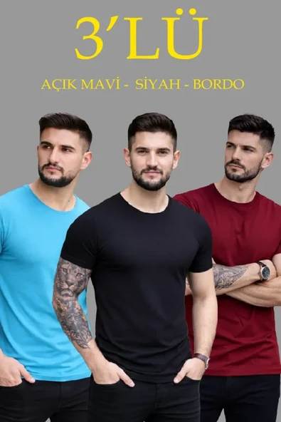 Erkek Fit Duruş 3'lü Bisiklet Yaka – Kısa Kollu Yazlık Slim Fit Body - Siyah, Açık Mavi, Bordo Tişört ürün görseli 1