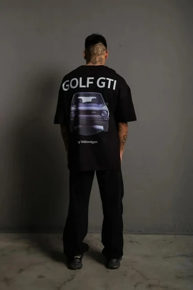 Baskılı Erkek Siyah – Golf GTI Retro Araba Desenli, Ön - Arka Dijital Baskı, Sokak Modası Stil Oversize Tişört ürün görseli 1