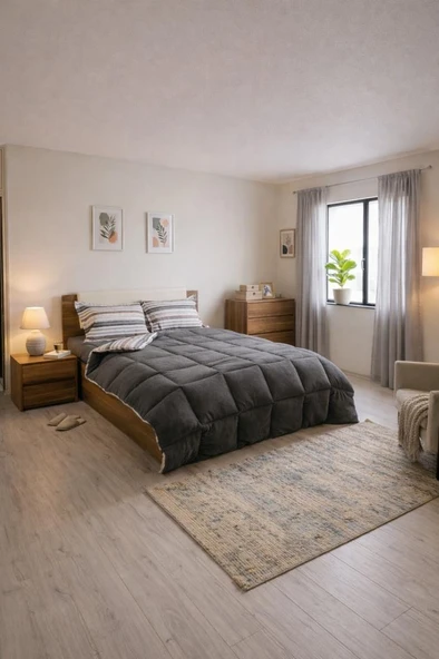Sherpa Peluş Çift Kişilik Lastikli Çarşaflı Comforter Set Antrasit ürün görseli 1
