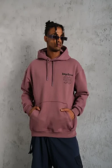 Baskılı Erkek Sokak Stili Gül Kurusu 98 Kapüşonlu Sweat ürün görseli 1