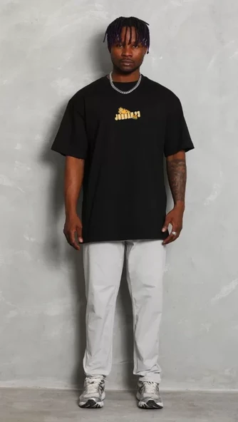 Baskılı Unisex Günlük Stil Siyah Urban Streetwear Yazı Oversize Tişört ürün görseli 1