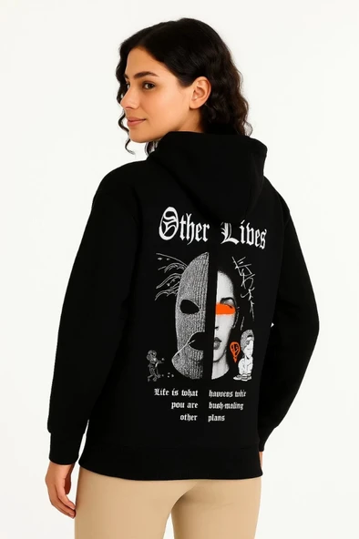Arka Baskılı Kadın Sokak Stili Üç İplik Kapüşonlu ön Ve Hoodie- Siyah Sweatshirt ürün görseli 1