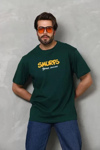 Unisex Günlük Stil Haki Yeşil Basic Bisiklet Yaka Pamuklu Oversize Tişört ürün görseli 1