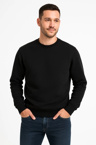 Erkek Günlük Stil Siyah Üç İplik Düz Bisiklet Yaka Sweatshirt ürün görseli 1