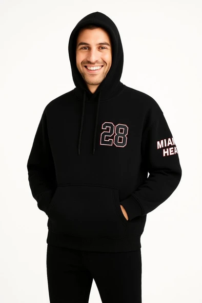 Arka Baskılı Kadın Sokak Stili Siyah Üç İplik Kapüşonlu Ön Ve Hoodie Sweatshirt ürün görseli 1