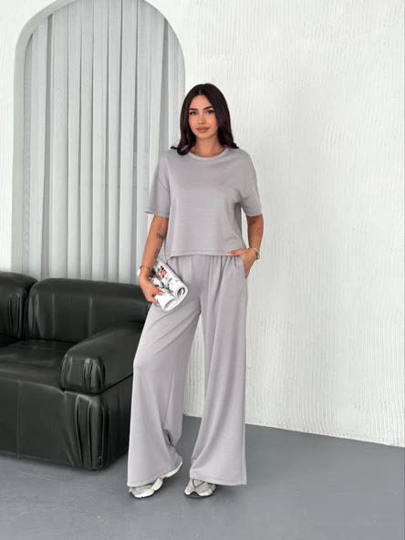 Yumuşak Dokulu Kadın Sıcak Tutan Boyalı Gri Osy Modal Kumaş Bisiklet Yaka Tişört Bol Paça Pantalon İkili Takım ürün görseli 1