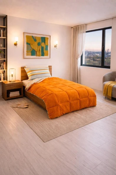 Sherpa Peluş Tek Kişilik Lastikli Çarşaflı Comforter Set Turuncu ürün görseli 1
