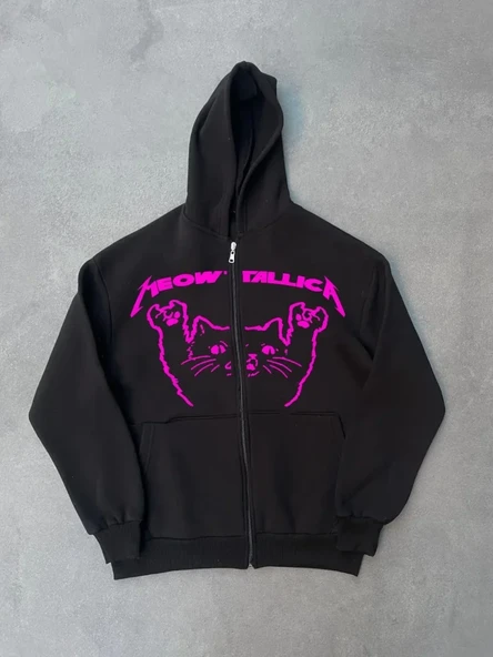 Baskılı Kadın Sokak Stili Siyah Kışlık Fermuarlı Kapüşonlu Hırka ürün görseli 1