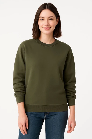 Kadın Günlük Stil Haki Üç İplik Düz Bisiklet Yaka Sweatshirt ürün görseli 1