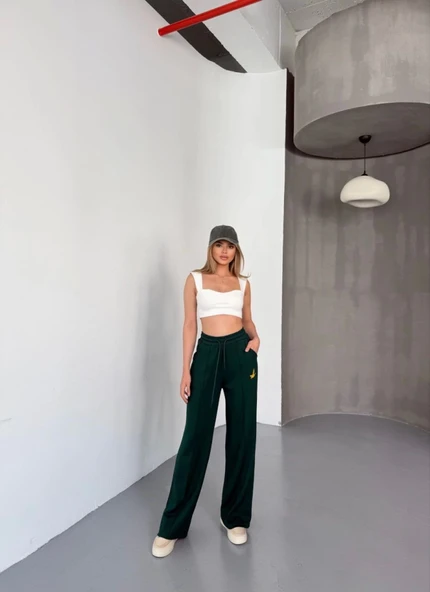 Yumuşak Dokulu Kadın Sıcak Tutan Siyah Osy Modal Kumaş Nakış Işlemeli Rahat Bol Paça Eşofman Pantalon ürün görseli 1