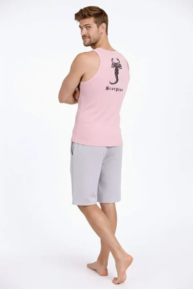 Arka Baskılı Erkek Fit Duruş Pembe Fitilli Atlet Sıfır Yaka Slim Fit Spor Atlet ürün görseli 1