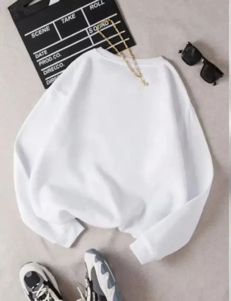 Kadın Günlük Stil Beyaz Üç İplik Rahat Kesim Basic Bisiklet Yaka Sweatshirt ürün görseli 1