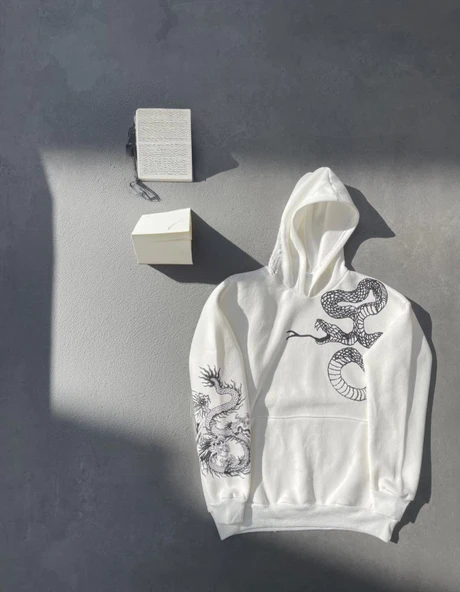 Baskılı Kadın Günlük Stil Beyaz Uzun Kol Kapüşonlu Sweatshirt ürün görseli 1