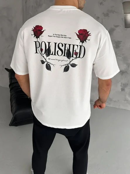 Baskılı Unisex Günlük Stil Beyaz Bisiklet Yaka Oversize Tişört ürün görseli 1