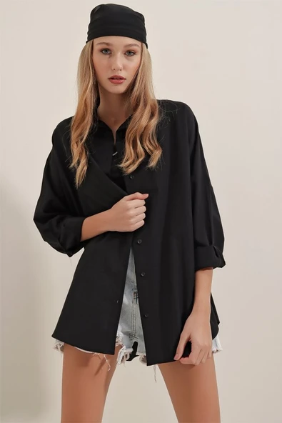 Kadın Salaş Stil Siyah Oversize Uzun Basic 3900 Gömlek - Resim 3