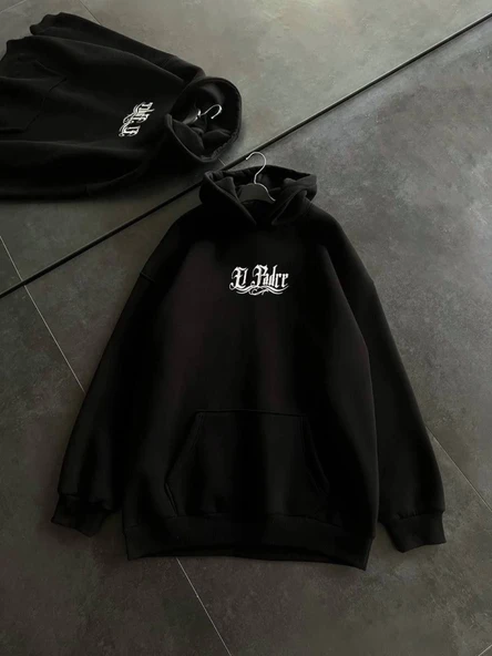 Baskılı Kadın Günlük Stil Siyah Üç İplik Penye Uzun Kol Kapüşonlu Sweatshirt ürün görseli 1