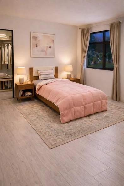 Sherpa Peluş Tek Kişilik Lastikli Çarşaflı Comforter Set Pudra ürün görseli 1