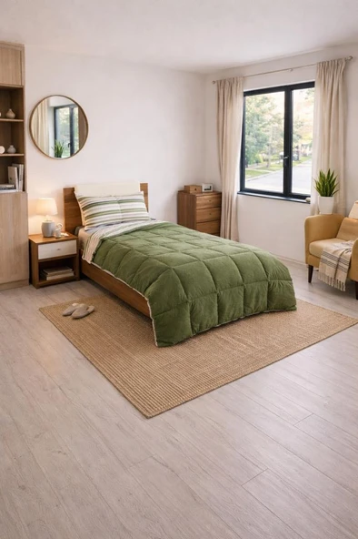 Sherpa Peluş Tek Kişilik Lastikli Çarşaflı Comforter Set Haki ürün görseli 1