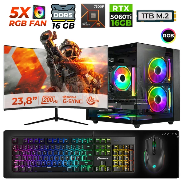 Xaser Live X50 Ryzen 5 7500F 16GB DDR5 Ram 1TB M.2 Nvme SSD 16GB RTX5060 Ti 23.8" 200Hz Masaüstü Oyuncu Bilgisayarı ürün görseli 1