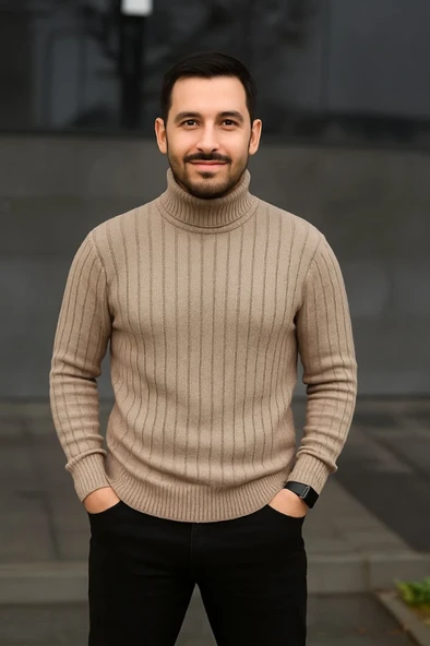 Erkek Günlük Şıklık Fitilli 2'li Set Bej Siyah Regular Balıkcı Yaka Tam Boğazlı Triko Seti Modeli Kazak Triko Kazak ürün görseli 1