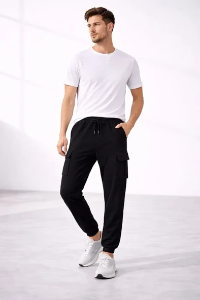 Erkek Siyah Jogger Regular Fit , Kargo Cepli, Lastikli Paça, Günlük Spor Pantolon Eşofman Altı ürün görseli 1