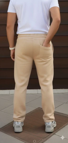 Erkek Rahat Kullanım Bej Üç İplik Kışlık Pamuklu Ovarsize Bağcıklı Düz Paça Cepli Spor Rahat Model Eşofman Altı ürün görseli 1