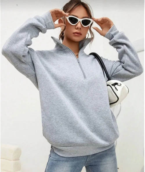 Unisex Günlük Stil Gri Uzun Kol Yarım Farmuarlı Yakalı Basic Sweatshirt ürün görseli 1
