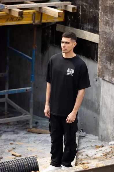 Grafik Baskılı Unisex Günlük Stil Siyah Urban Streetwear Oversize Tişört ürün görseli 1