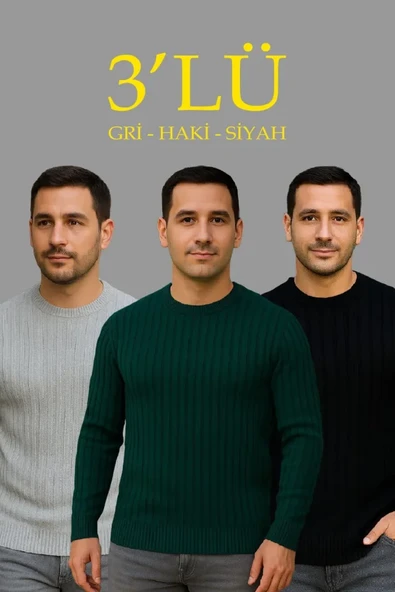 Erkek Günlük Şıklık Fitilli 3'lü Set Gri Haki Siyah Regular Fit Bisiklet Yaka Triko Seti Modeli Kazak Triko Kazak ürün görseli 1