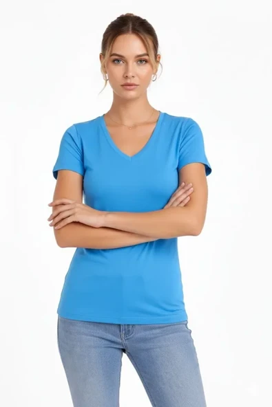 PTTAVM: Kadın Açık Mavi V Yaka Slim Fit Likralı Günlük Basic Body