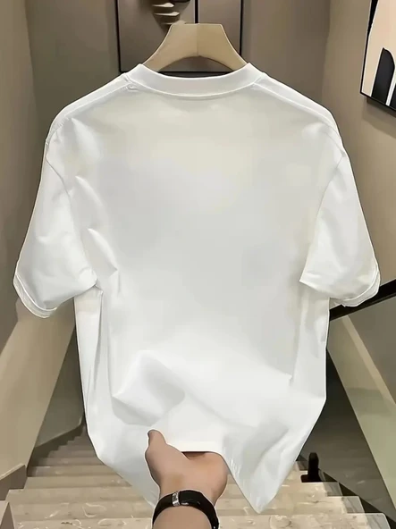 Baskılı Kadın Salaş Stil Beyaz Oversize Bisiklet Yaka Tişört ürün görseli 1