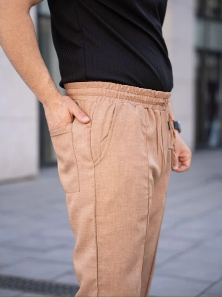 Erkek Modern Stil Kahverengi Keten Cepli Çıma Dikişli Jogger Buggy Pantalon Rahat Kalıp ürün görseli 1