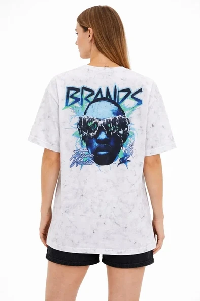 Baskılı Kadın Günlük Stil Beyaz Asit Yıkamalı Future Worlds Bisiklet Yaka Kısa Kollu Streetwear %100 Pamuk Street Style Tişört Oversize Tişört ürün görseli 1
