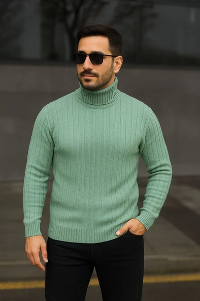 Fitilli Dokuma Erkek Günlük Şıklık Mint Yeşili Balıkcı Yaka Bağazlı Pamuklu Kalın , Regular Fit Uzun Kollu Kışlık Model Triko Kazak ürün görseli 1