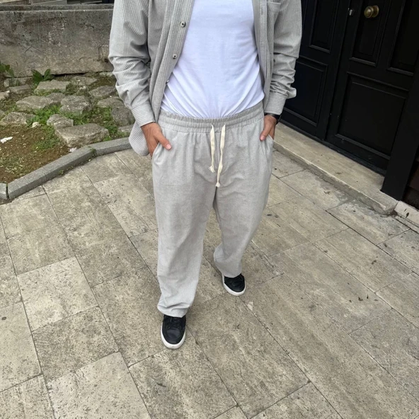 Kadife Erkek Salaş Stil Gri Fitilli Cepli Buggy Oversize Rahat Kalıp Pantolon ürün görseli 1