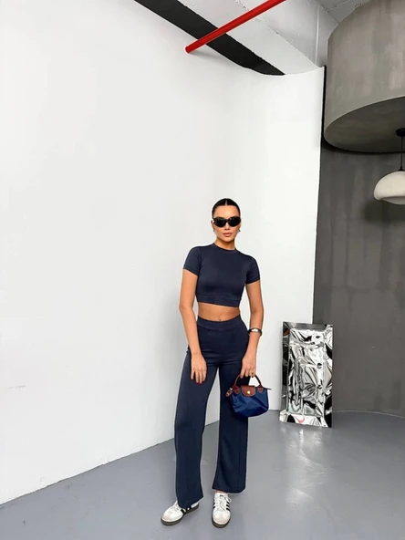 Yumuşak Dokulu Kadın Sıcak Tutan Füme Osy Modal Kumaş Kısa Kollu Crop Alt Ispanyol Paça Pantalon İkili Takım ürün görseli 1