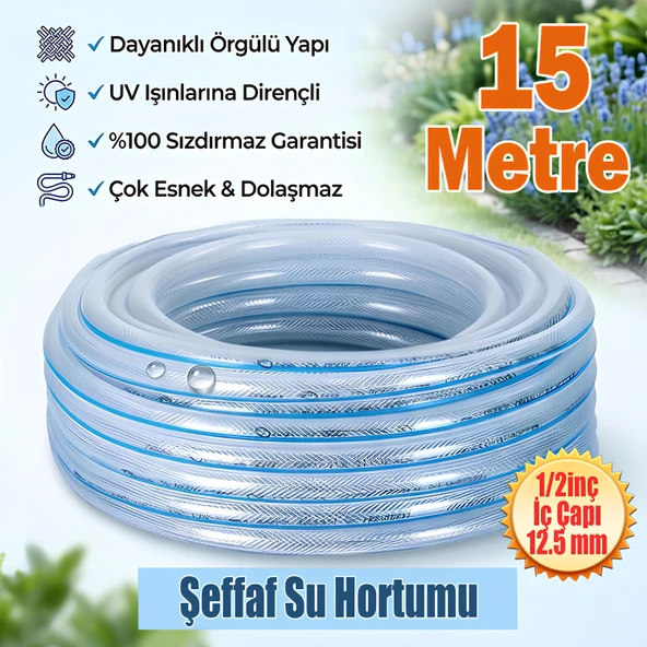 Örgülü Şeffaf Bahçe Hortumu 15 Metre Dayanıklı 3 Katlı Sağlam Çeşme Su Sulama Yıkama Hortum 12.5 mm 1/2" ürün görseli 1