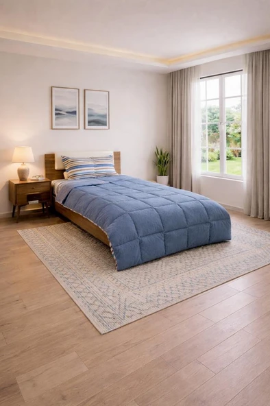 Sherpa Peluş Tek Kişilik Lastikli Çarşaflı Comforter Set Mavi ürün görseli 1