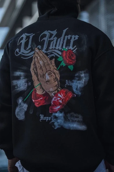 Baskılı Kadın Günlük Stil Siyah Üç İplik Penye Kapüşonlu Sweatshirt ürün görseli 1