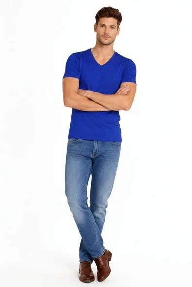 Erkek Saks Mavisi V Yaka Slim Fit Dar Kesim Likralı Günlük Basic Body Tişört ürün görseli 1